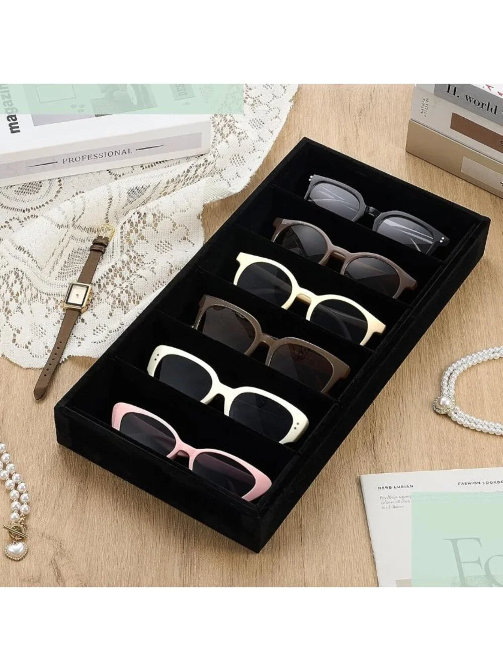 4-Piece Velvet Sunglasses Organizer Tray - Stackable 6-Grid Display for Glasses
